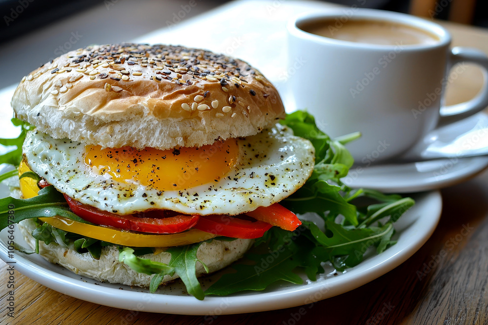 Delicious Breakfast Burger with Fluffy Eggs and Nutty Melted Cheese. Delicious Breakfast Burger with Fluffy Eggs and Nutty Melted Cheese.