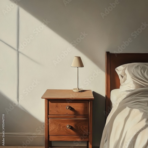 A wooden nightstand with a lamp on it sits in front of a white wall photo