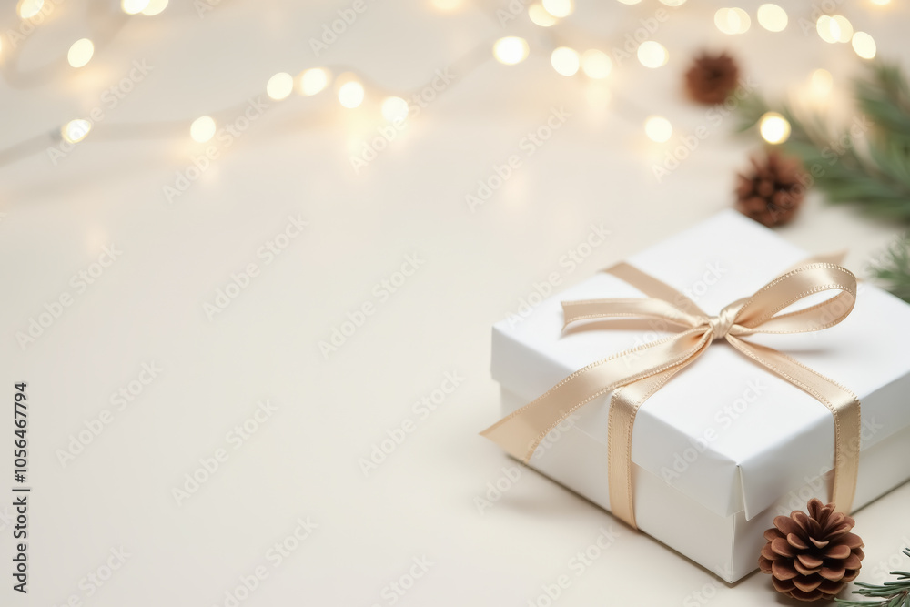 Elegant holiday gift box with pine cones and fairy lights for festive celebrations Elegant holiday gift box with pine cones and fairy lights for festive celebrations