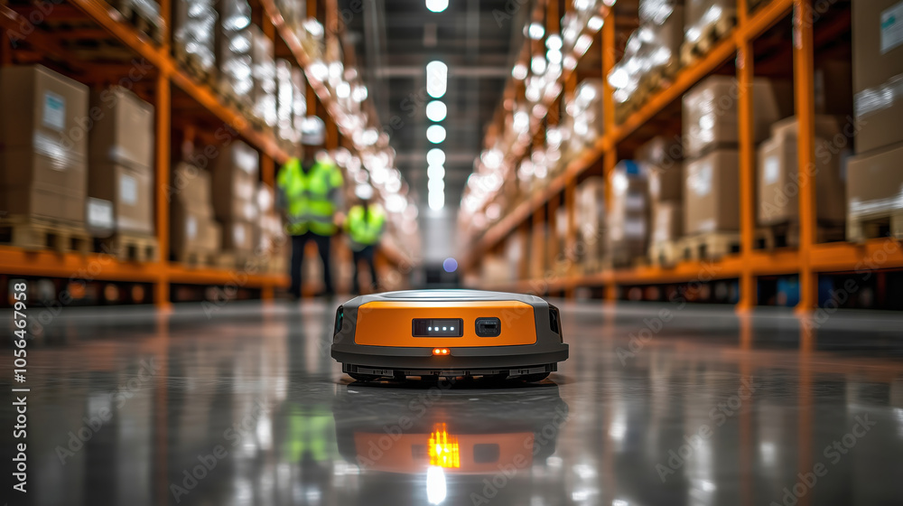 Fototapeta premium AGV robot autonomously navigating through a warehouse, representing the integration of automation and robotics in improving logistics and warehouse management.