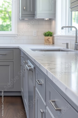 A contemporary kitchen featuring sleek grey cabinets, marble countertops, and stainless steel fixtures, bathed in natural light.
