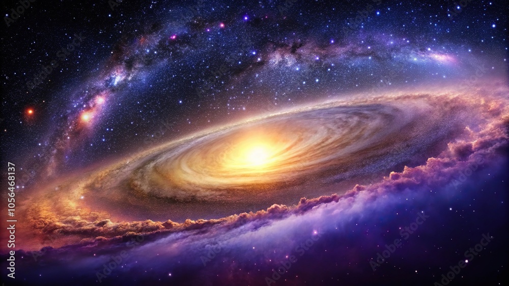 A mesmerizing galaxy stretches across the horizon like a vast canvas of twinkling stars and swirling purple gas, cosmic phenomena, celestial bodies A mesmerizing galaxy stretches across the horizon like a vast canvas of twinkling stars and swirling purple gas, cosmic phenomena, celestial bodies