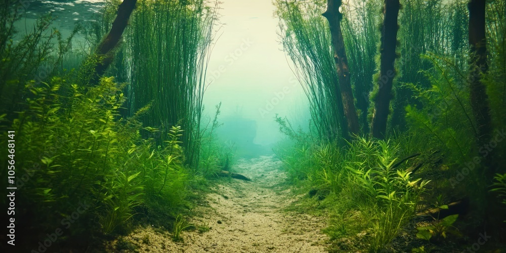 Tranquil underwater scene with lush vegetation and a soft light filtering through.