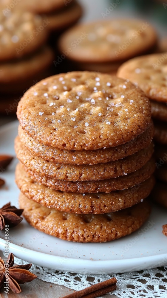 Delicious homemade ginger cookies stacked high on a white plate Delicious homemade ginger cookies stacked high on a white plate
