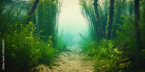 Tranquil underwater scene with lush vegetation and a soft light filtering through.