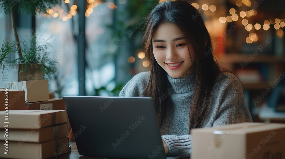 Woman happily using her laptop to process holiday gift orders, with festive lights and wrapped presents, symbolizing online shopping and e-commerce fulfillment. Woman happily using her laptop to process holiday gift orders, with festive lights and wrapped presents, symbolizing online shopping and e-commerce fulfillment.