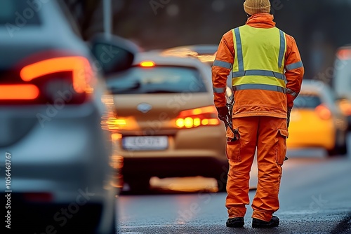 Traffic Controller at Evening Rush Standing in Orange Apparel : Generative AI photo