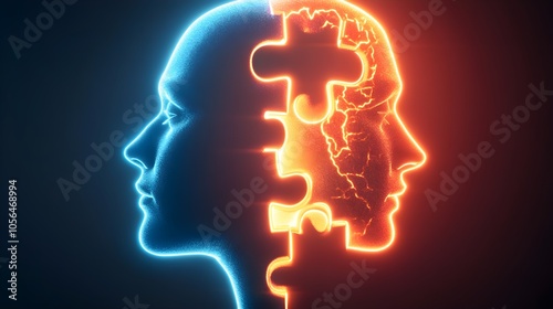 Head silhouette of golden puzzle pieces breaking apart, neon lines of shared thoughts connecting with another head, conceptual futuristic art, vibrant colors, 3D rendering