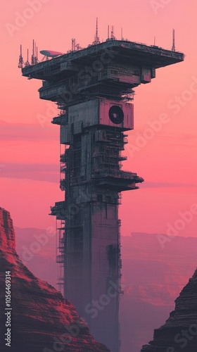 Futuristic tower in a surreal desert landscape at sunset
