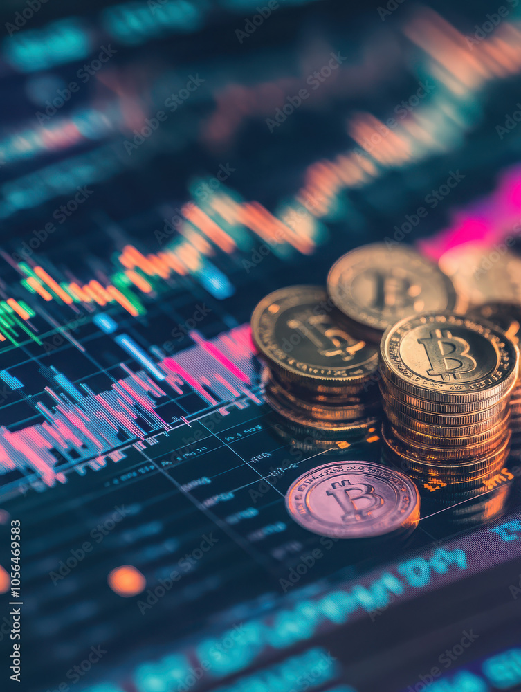 A close-up of Bitcoin coins on a financial graph, illustrating cryptocurrency trends. A close-up of Bitcoin coins on a financial graph, illustrating cryptocurrency trends.