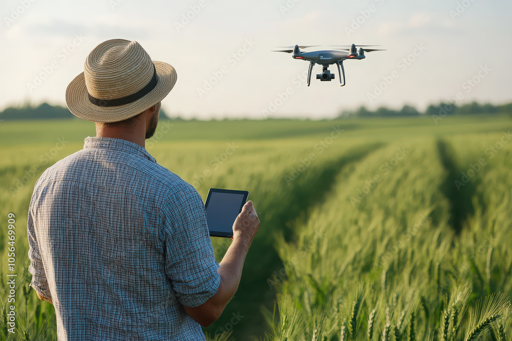 A person controls a drone over a green field, showcasing agricultural technology use. A person controls a drone over a green field, showcasing agricultural technology use.
