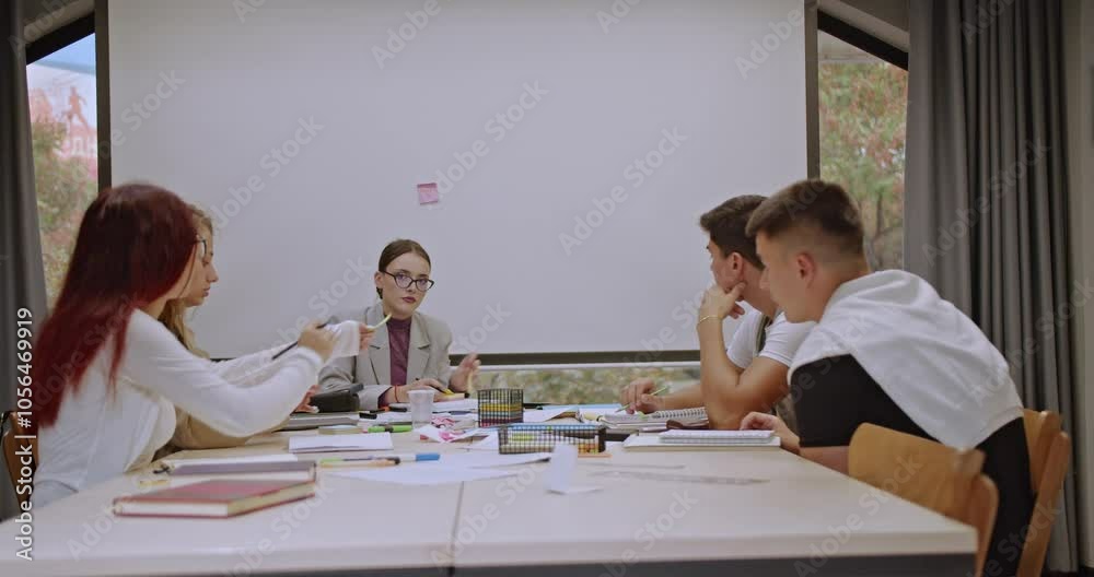 Students and professor study together during class. They collaborate on a project, discuss ideas, and learn from each other in a friendly classroom environment.