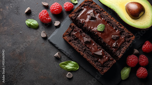 Chocolate Avocado Brownie Slices with Fresh Raspberries, Avocado Halves, and Mint on a Dark Slate Background photo