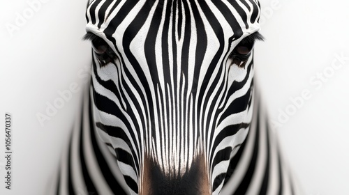 Crisp black and white zebra stripes forming a symmetrical, geometric pattern with sharp edges for a bold visual impact. Striking zebra pattern, Geometric minimalism