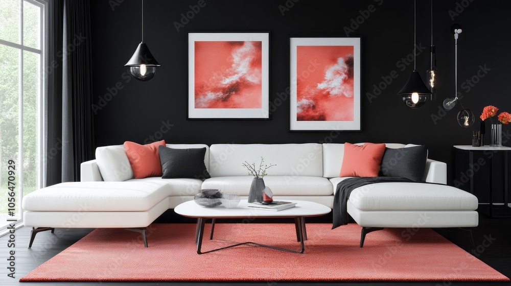 Fototapeta premium A contemporary living room with black walls, white furniture, and coral accents in the form of throw pillows and artwork