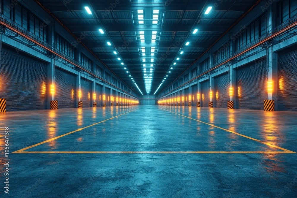 Industrial Building Interior With Roll-Up Doors and Yellow Lines Industrial Building Interior With Roll-Up Doors and Yellow Lines