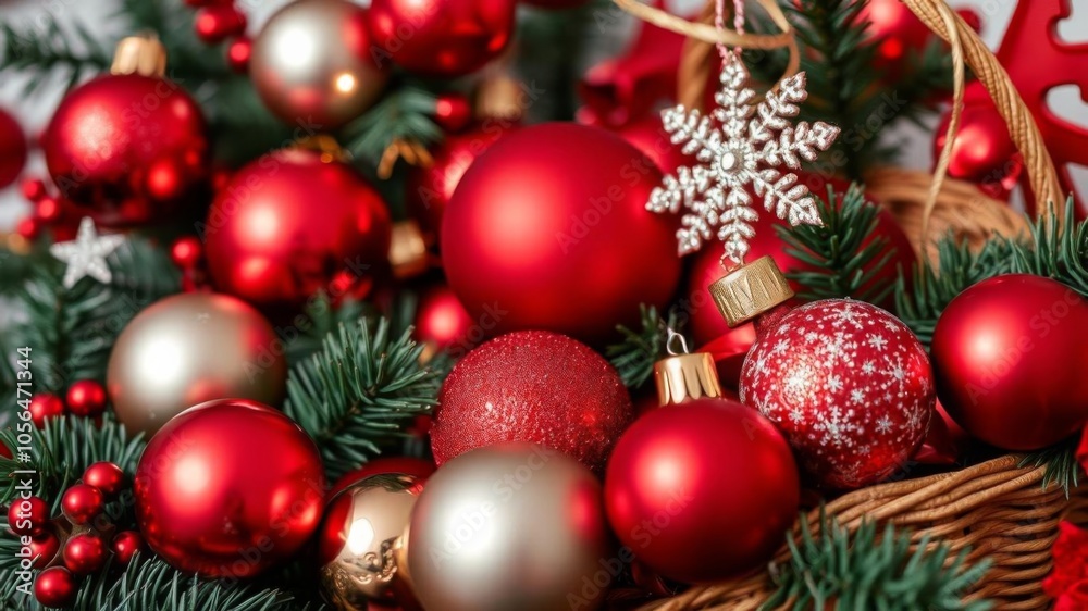 Red Christmas balls nestled in a woven basket, adding a festive touch to holiday decorations, merry, ornaments Red Christmas balls nestled in a woven basket, adding a festive touch to holiday decorations, merry, ornaments