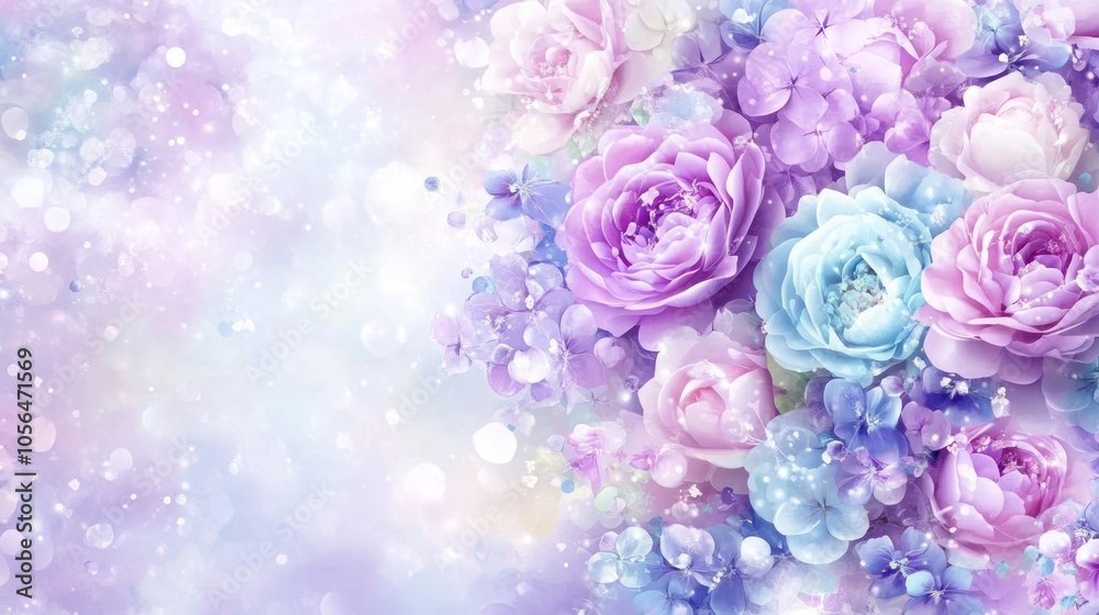 A soft, pastel floral arrangement with roses and blossoms on a dreamy background. A soft, pastel floral arrangement with roses and blossoms on a dreamy background.