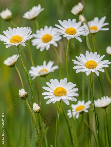 A cluster of white daisies with yellow centers blooming in a green field.