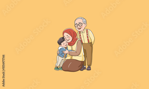 Muslim grandparents hugging grandson with love