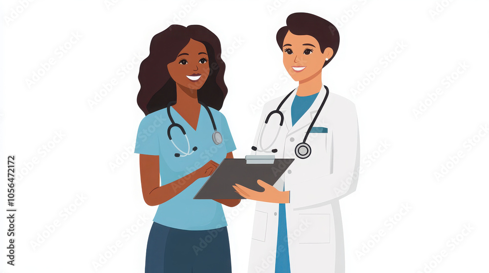 Fototapeta premium Two healthcare professionals discussing patient information with a clipboard.