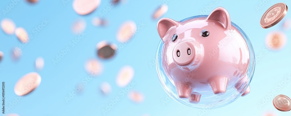 A pink piggy bank floating in a bubble with coins around it, symbolizing savings and finance. A pink piggy bank floating in a bubble with coins around it, symbolizing savings and finance.
