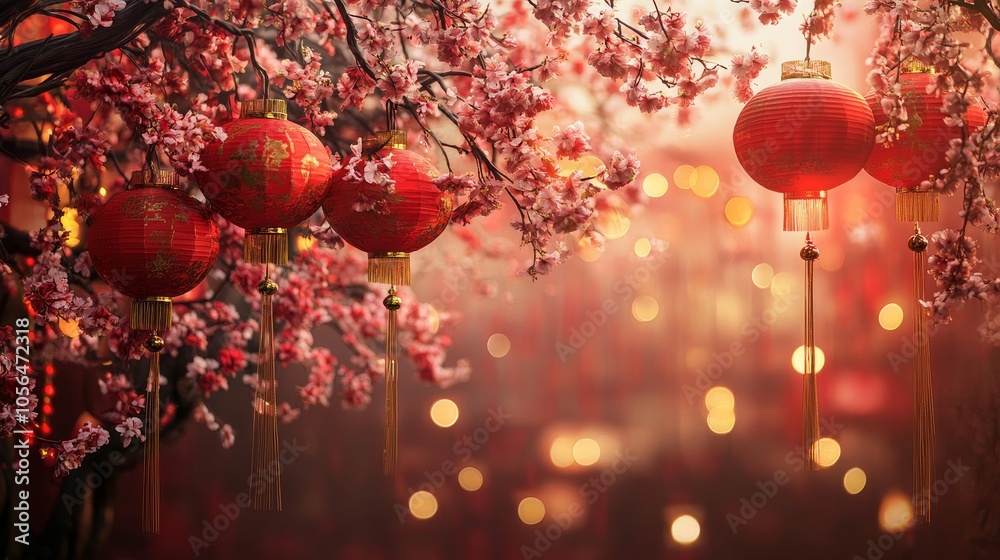 Obraz premium Create a vibrant copy space background for Chinese New Year, adorned with traditional symbols such as lanterns and cherry blossoms, in rich red and gold hues that evoke joy and prosperity