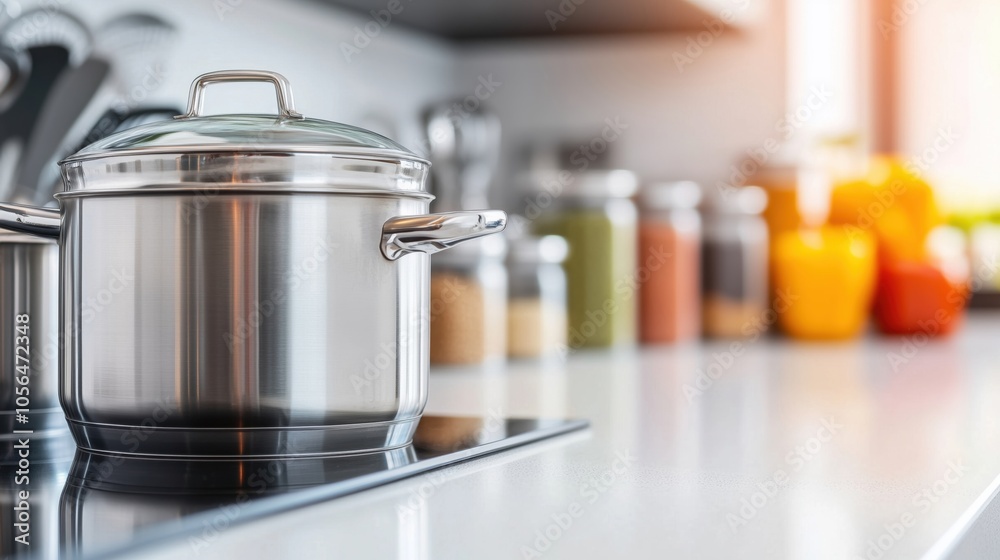 A shiny stainless steel pot sits on a modern kitchen stovetop with colorful jars in the background. A shiny stainless steel pot sits on a modern kitchen stovetop with colorful jars in the background.