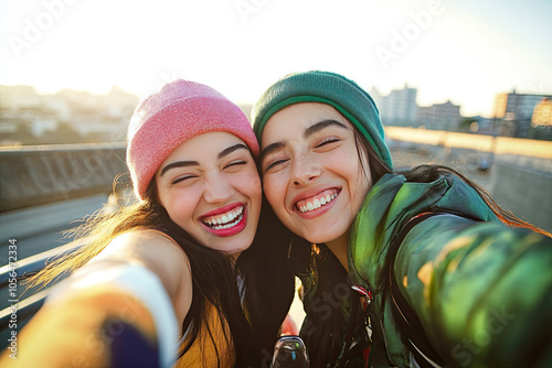 Excited Women in Stylish Streetwear Take a Selfie on a City Bridge, Celebrating Friendship and Urban Fashion in a Vibrant Social Media Moment.