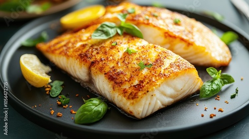 Pan-seared fish fillets on plate. Perfect for showcasing recipes for healthy and delicious fish dishes.