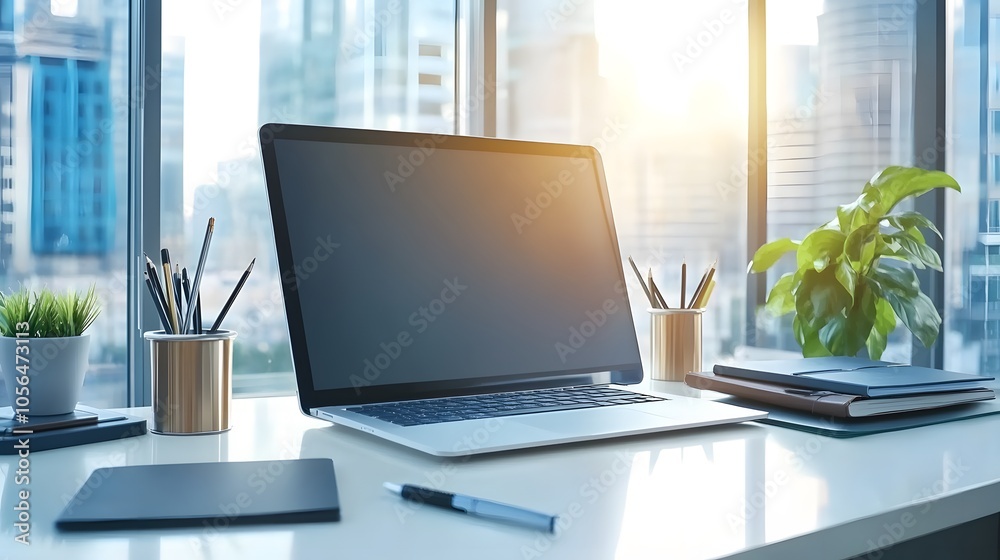 Modern workspace with laptop and greenery Modern workspace with laptop and greenery
