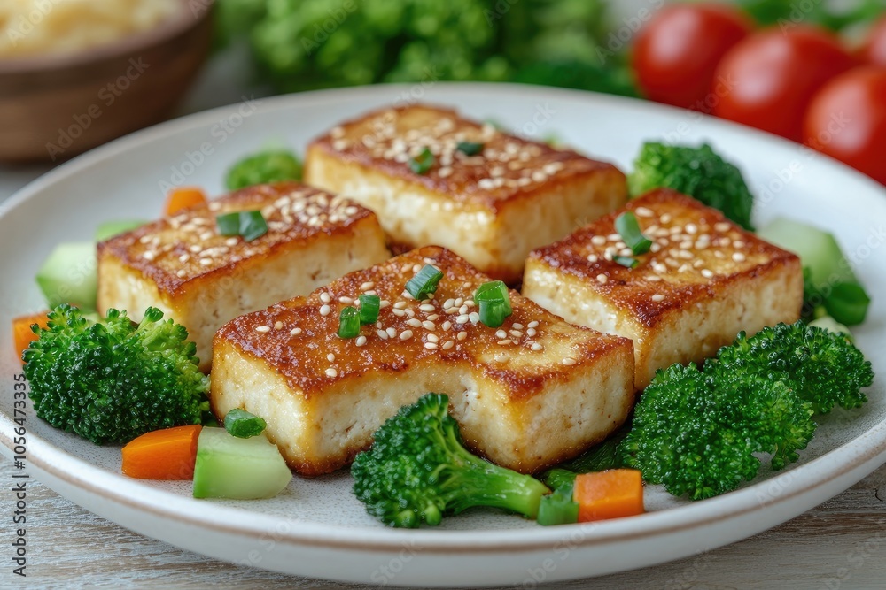 Fried tofu with sesame seeds and vegetables. Delicious dish perfect for a healthy and flavorful meal. Fried tofu with sesame seeds and vegetables. Delicious dish perfect for a healthy and flavorful meal.