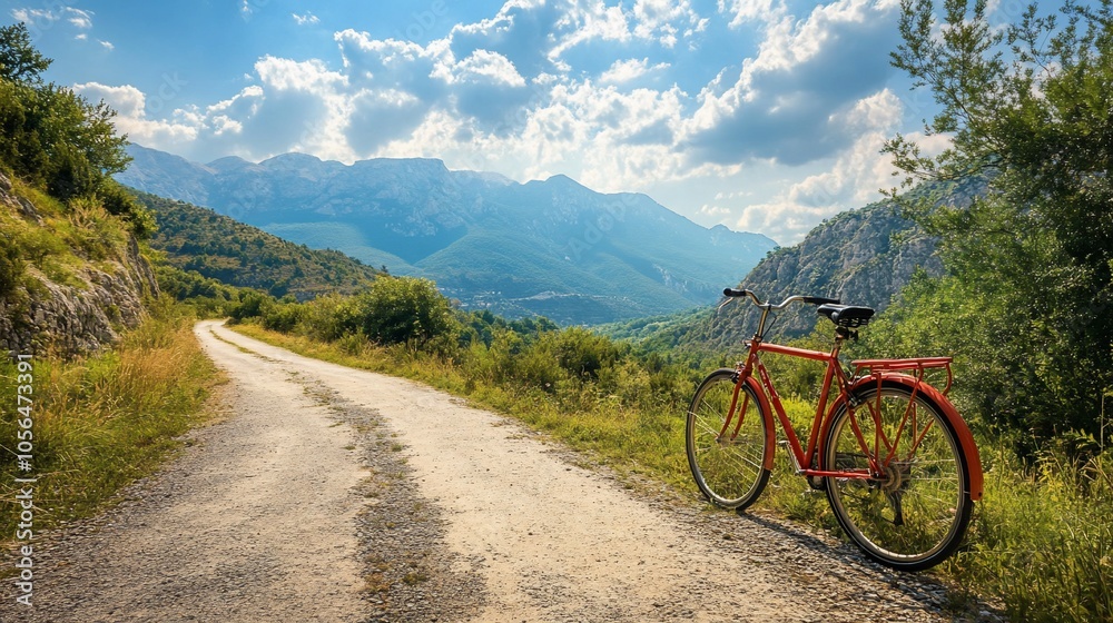 Red bicycle parked on a winding road in the mountains, with blue sky and clouds. Red bicycle parked on a winding road in the mountains, with blue sky and clouds.