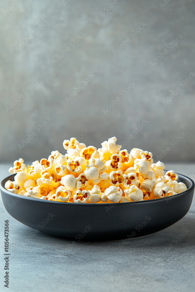 A captivating display of popcorn on a minimalist black plate emphasizing sharp lighting for a modern culinary experience A captivating display of popcorn on a minimalist black plate emphasizing sharp lighting for a modern culinary experience