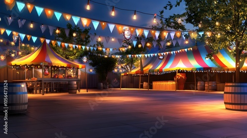 Vibrant carnival scene with colorful tents and lights photo