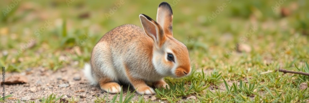 Fototapeta premium Young native bunny happily grazing on lush green lawn, adorable, healthy