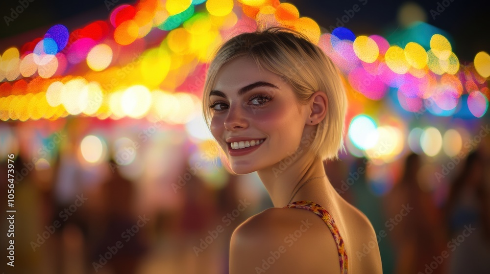 A joyful young blonde woman smiles brightly at a night festival, surrounded by vibrant, colorful bokeh lights. Her carefree expression captures the lively energy of the urban event. A joyful young blonde woman smiles brightly at a night festival, surrounded by vibrant, colorful bokeh lights. Her carefree expression captures the lively energy of the urban event.