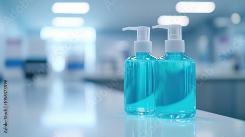 Two transparent bottles of blue liquid soap on a bright, blurred background.