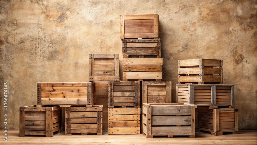 A stack of old wooden crates and trunks is arranged artfully against a neutral-toned beige wall, beige background, vintage items, interior design, antique furniture
