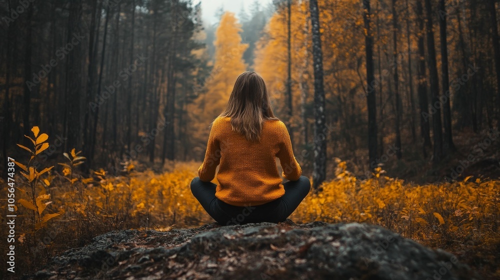 Woman meditating in a forest, surrounded by trees and fall foliage. Woman meditating in a forest, surrounded by trees and fall foliage.
