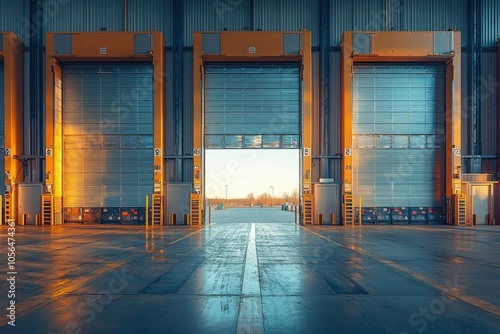 Three Open Industrial Loading Bay Doors with a Concrete Driveway photo
