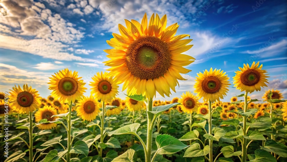 Fototapeta premium A stunning arrangement of sunflowers standing tall in a field on a warm sunny day, bright colors, flowers
