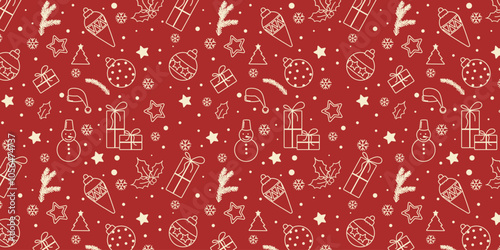 Set of Christmas design elements in doodle style on red background. Festive background of hand drawn Christmas elements. Abstract winter festive holiday background