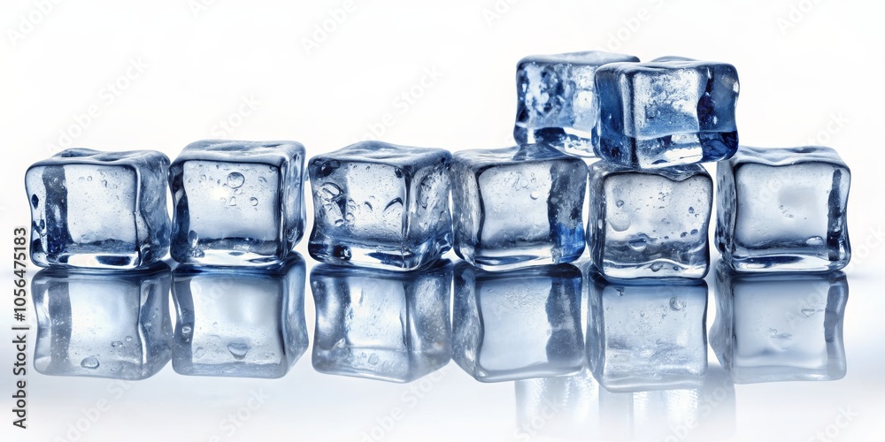 Crystalline Reflections Seven Ice Cubes Stacked and Mirrored on a White Background Crystalline Reflections Seven Ice Cubes Stacked and Mirrored on a White Background