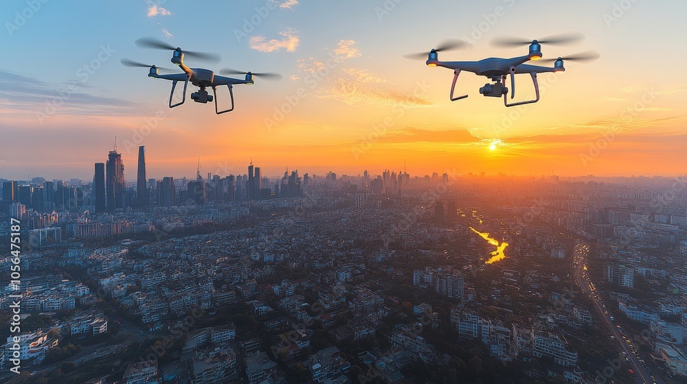 Multiple drones moving efficiently over a smart city, highlighted by navigation paths and delivery points, drone delivery technology, aerial transportation solutions Multiple drones moving efficiently over a smart city, highlighted by navigation paths and delivery points, drone delivery technology, aerial transportation solutions