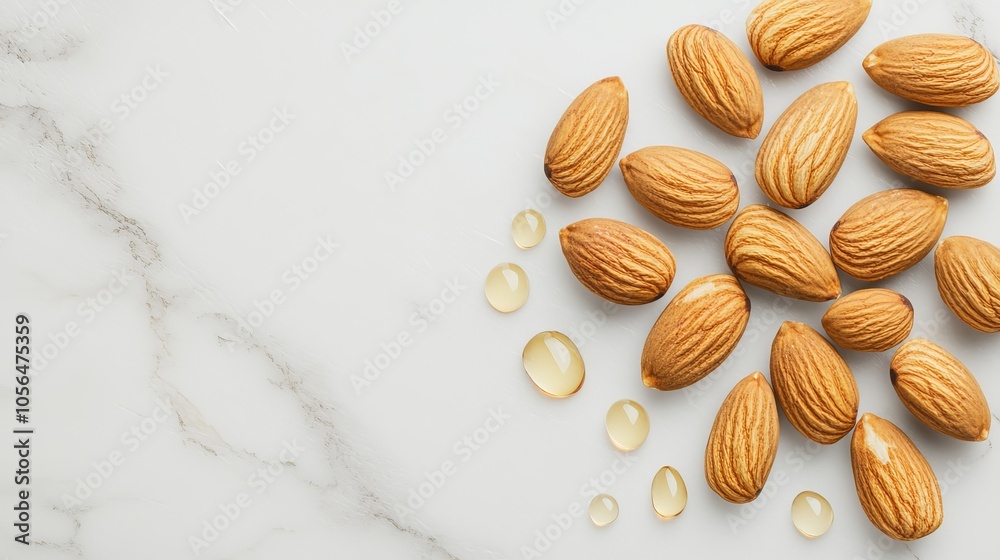 Overhead perspective of almonds freshly peeled, resting on a white marble surface with drops of rich almond oil splattered for artistic texture Overhead perspective of almonds freshly peeled, resting on a white marble surface with drops of rich almond oil splattered for artistic texture