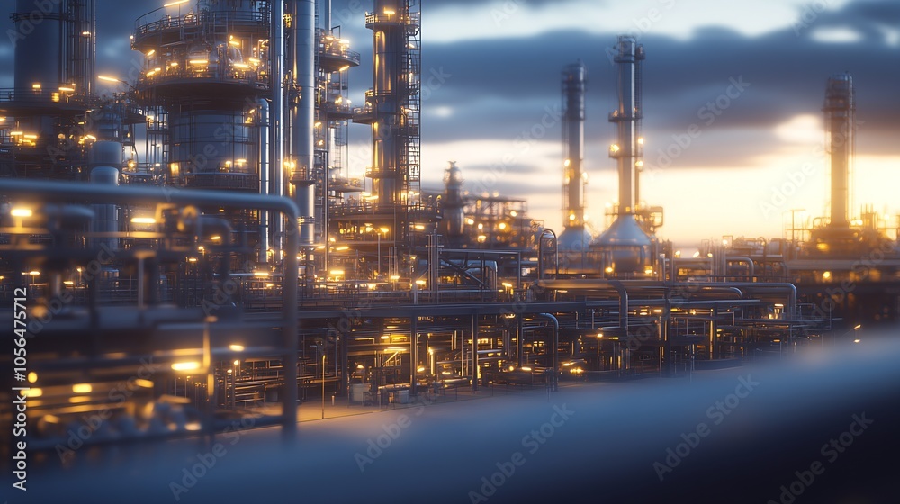 Nightscape of Industrial Site with Illuminated Towers and Complex Piping Structures at Dusk : Generative AI Nightscape of Industrial Site with Illuminated Towers and Complex Piping Structures at Dusk : Generative AI
