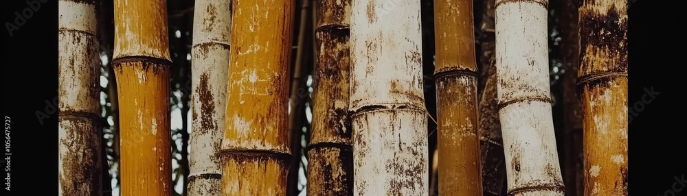 A close-up view of bamboo stalks showcasing their textures and colors. A close-up view of bamboo stalks showcasing their textures and colors.