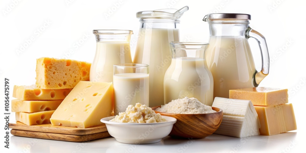 Dairy Delights A Composition of Milk, Cheese, and Cream in Glass and Wooden Bowls on a White Background Dairy Delights A Composition of Milk, Cheese, and Cream in Glass and Wooden Bowls on a White Background