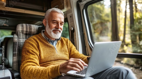 Man uses laptop in a motorhome. This photo can be used to illustrate articles on digital nomadism, remote work, or travel.